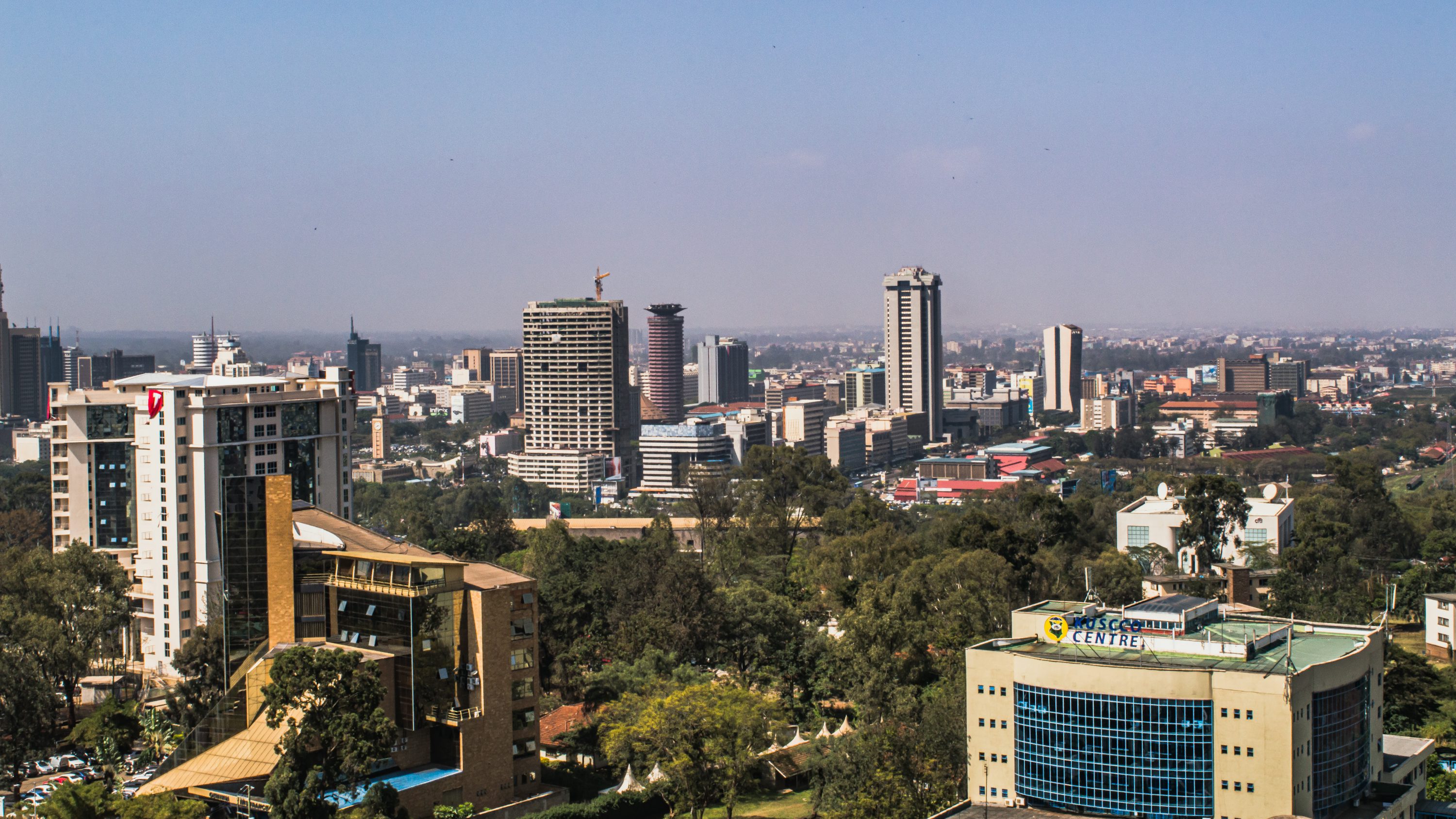 Nairobi skyline with modern skyscrapers under a clear blue sky