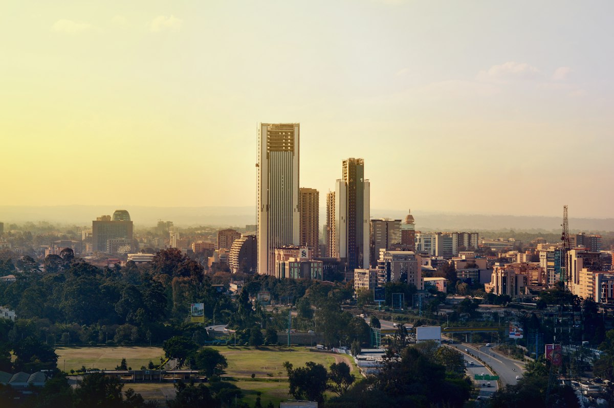 Nairobi central business district skyline at golden hour