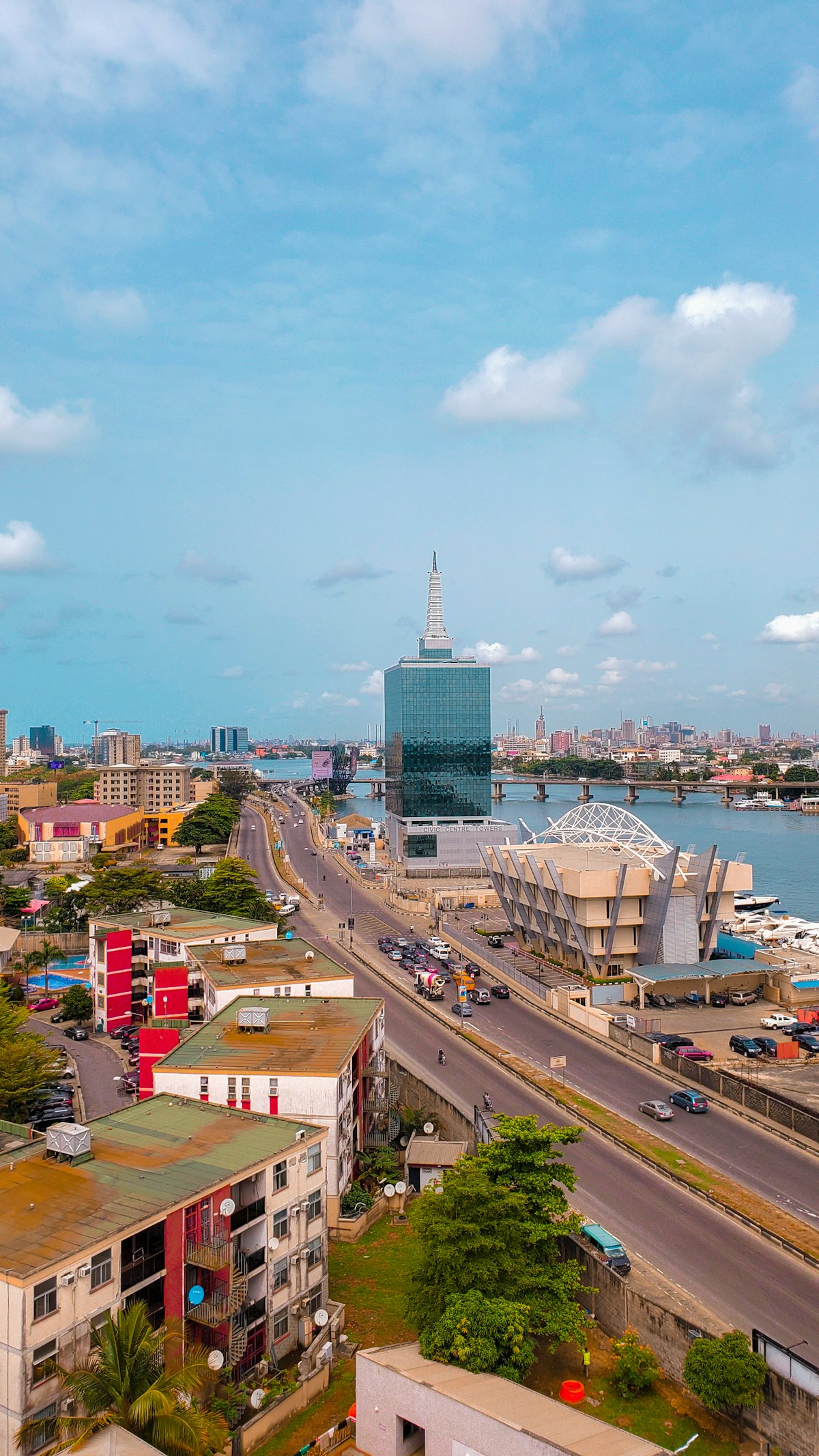 Lagos, Nigeria city skyline at dusk