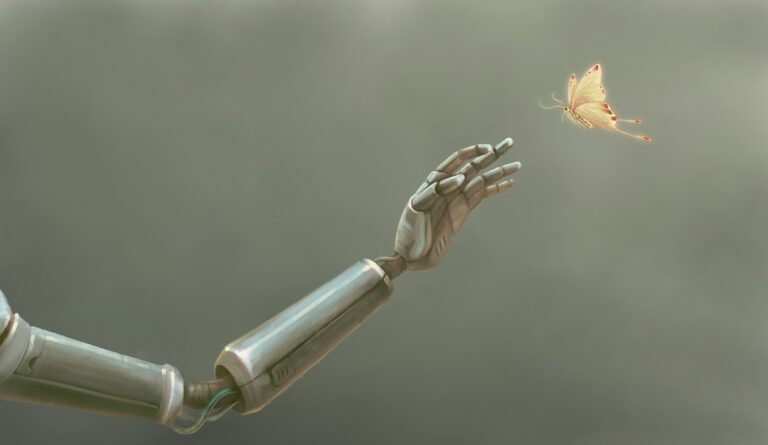 AI robot hand reaching out over a dark digital network