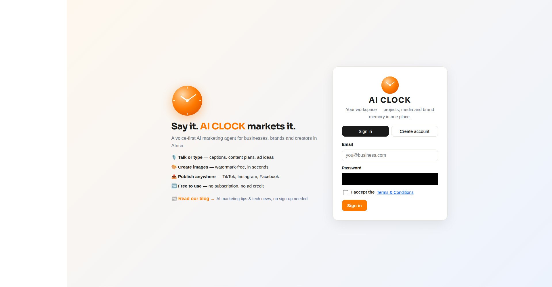 Screenshot of the AI CLOCK website — publish to TikTok, Instagram and Facebook from one place